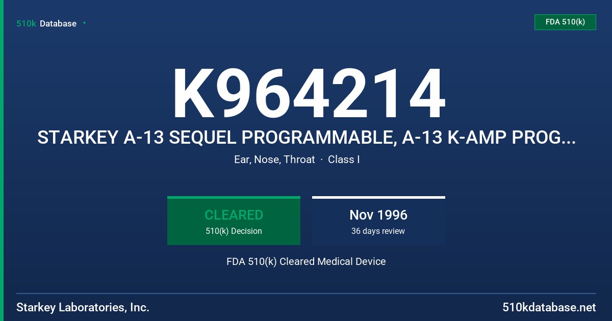 K964214 STARKEY A-13 SEQUEL PROGRAMMABLE, A-13 K-AMP PROGRAMMABLE AIR CONDUCTION HEARING AIDS FDA 510(k) Cleared Medical Device