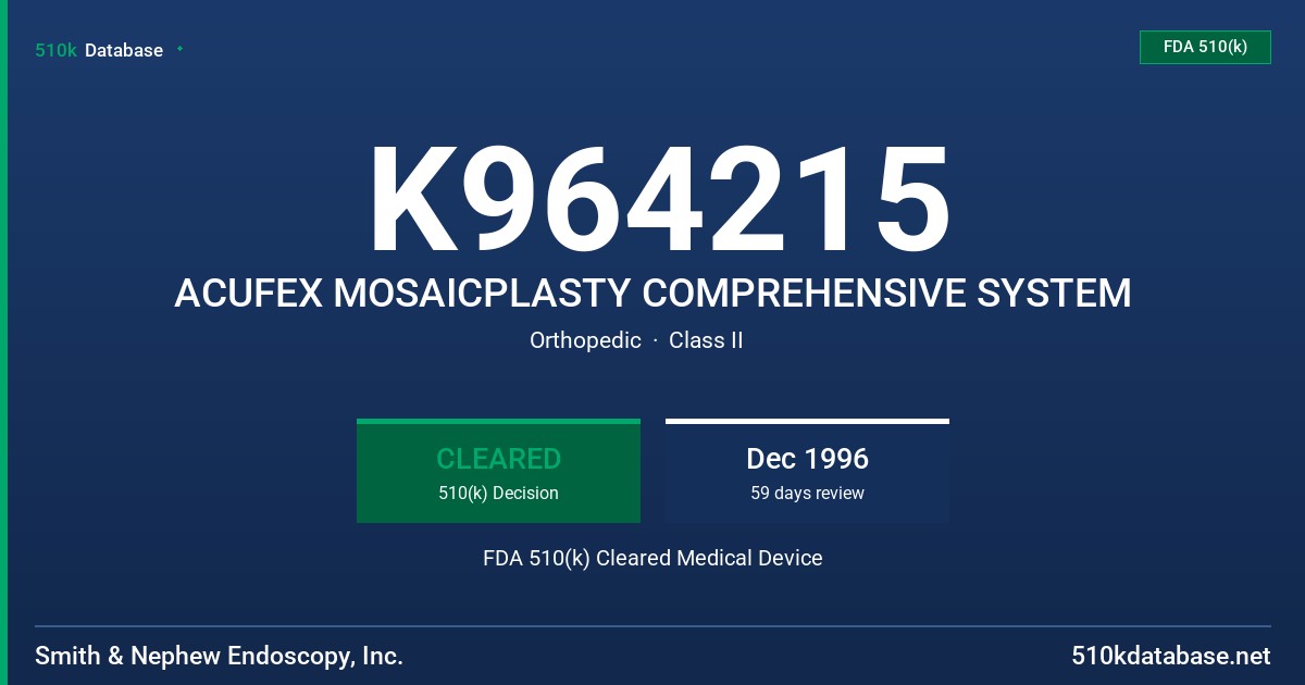 K964215 ACUFEX MOSAICPLASTY COMPREHENSIVE SYSTEM FDA 510(k) Cleared Medical Device