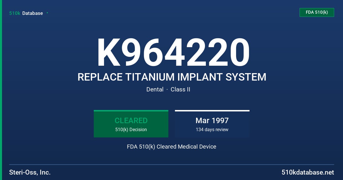 K964220 REPLACE TITANIUM IMPLANT SYSTEM FDA 510(k) Cleared Medical Device