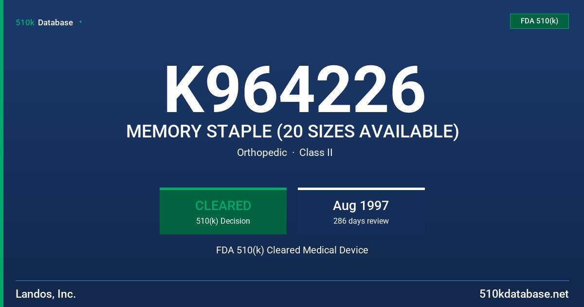 K964226 MEMORY STAPLE (20 SIZES AVAILABLE) FDA 510(k) Cleared Medical Device