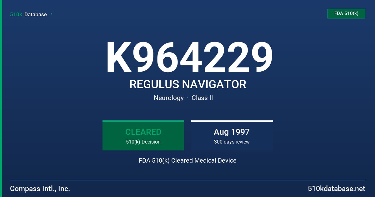 K964229 REGULUS NAVIGATOR FDA 510(k) Cleared Medical Device