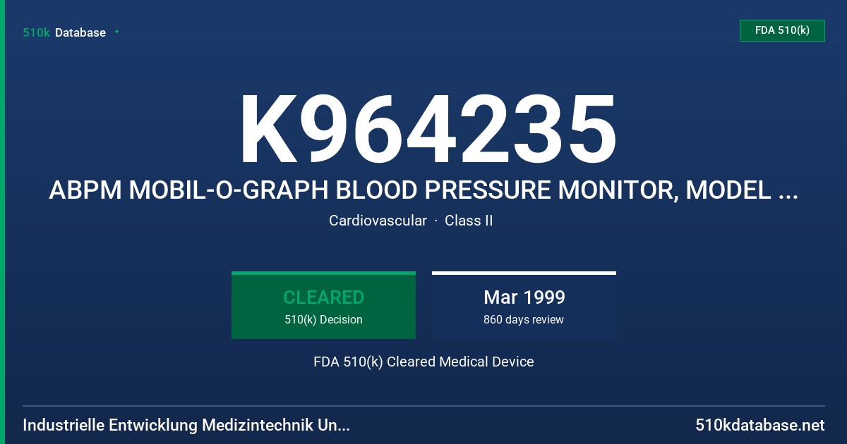 K964235 ABPM MOBIL-O-GRAPH BLOOD PRESSURE MONITOR, MODEL ABP CONTROL FDA 510(k) Cleared Medical Device