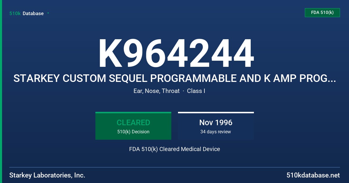 K964244 STARKEY CUSTOM SEQUEL PROGRAMMABLE AND K AMP PROGRAMMABLE AIR CONDUCTION HEARING AIDS FDA 510(k) Cleared Medical Device