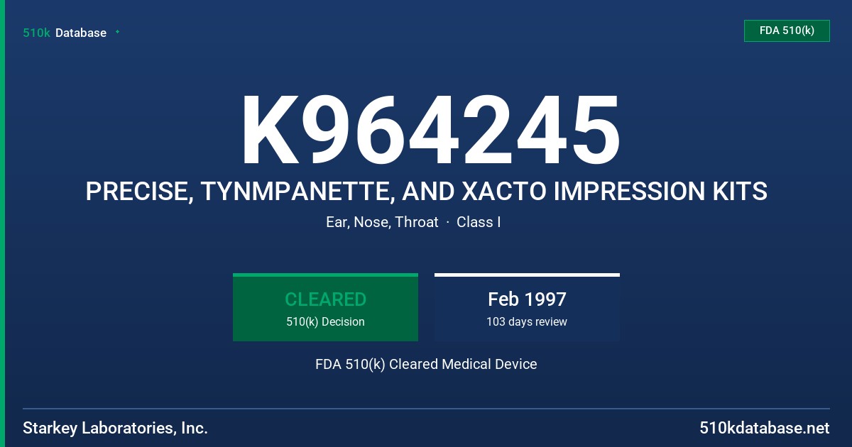 K964245 PRECISE, TYNMPANETTE, AND XACTO IMPRESSION KITS FDA 510(k) Cleared Medical Device