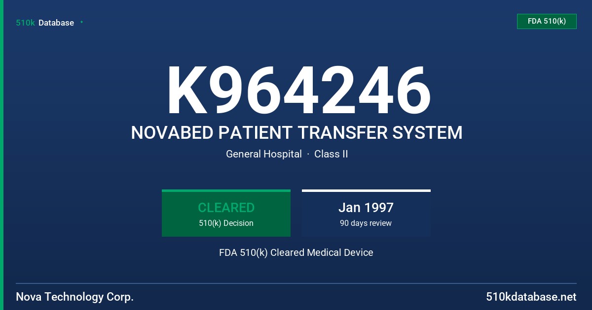 K964246 NOVABED PATIENT TRANSFER SYSTEM FDA 510(k) Cleared Medical Device