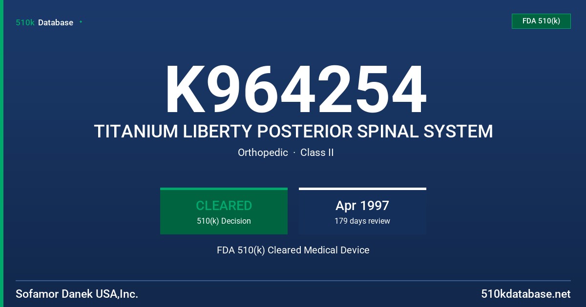 K964254 TITANIUM LIBERTY POSTERIOR SPINAL SYSTEM FDA 510(k) Cleared Medical Device