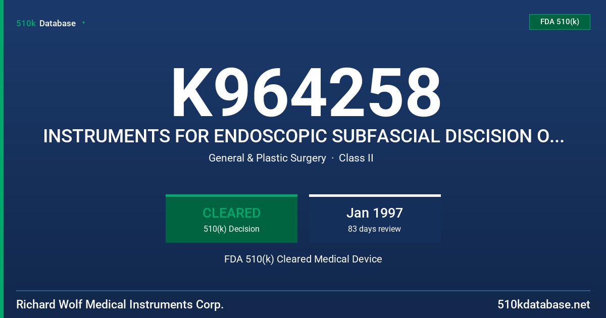 K964258 INSTRUMENTS FOR ENDOSCOPIC SUBFASCIAL DISCISION OF PERFORATING VINS ESDP, MODEL 8781 FDA 510(k) Cleared Medical Device