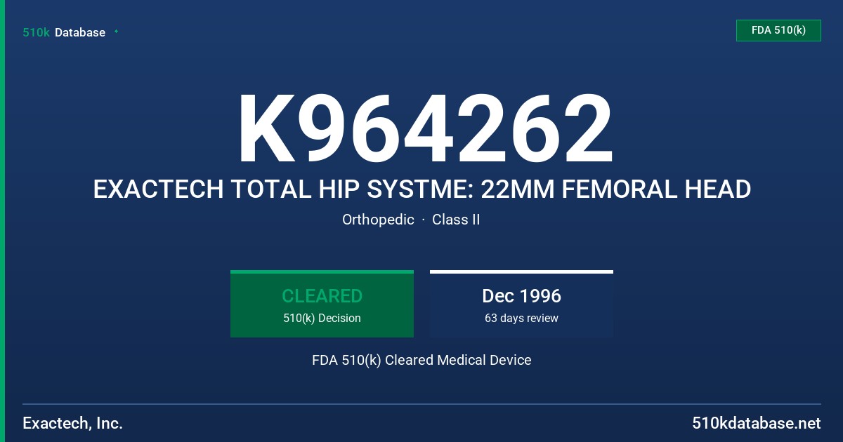 K964262 EXACTECH TOTAL HIP SYSTME: 22MM FEMORAL HEAD FDA 510(k) Cleared Medical Device