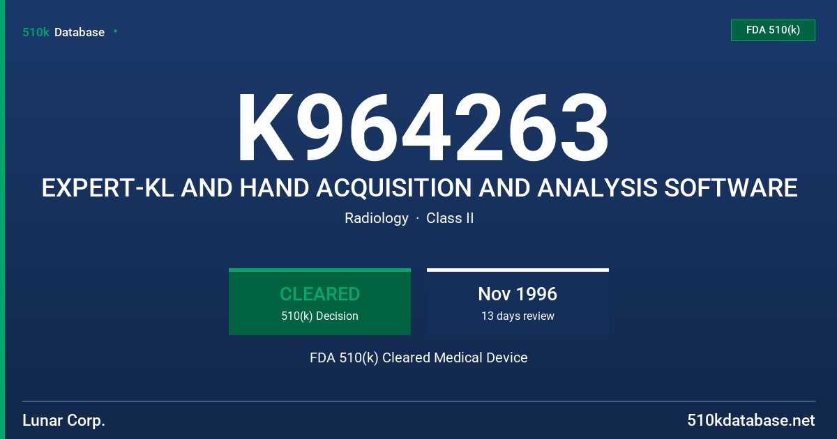 K964263 EXPERT-KL AND HAND ACQUISITION AND ANALYSIS SOFTWARE FDA 510(k) Cleared Medical Device