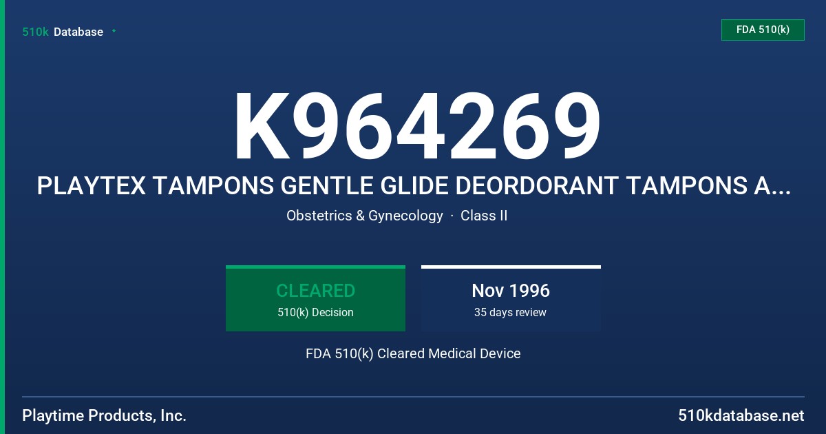 K964269 PLAYTEX TAMPONS GENTLE GLIDE DEORDORANT TAMPONS AND PLAYTEX/GENTLE GLIDE DEODORANT PORTABLES TAMPONS FDA 510(k) Cleared Medical Device