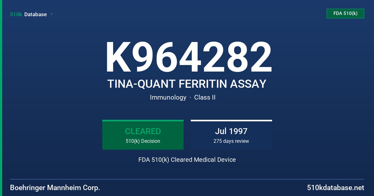 K964282 TINA-QUANT FERRITIN ASSAY FDA 510(k) Cleared Medical Device