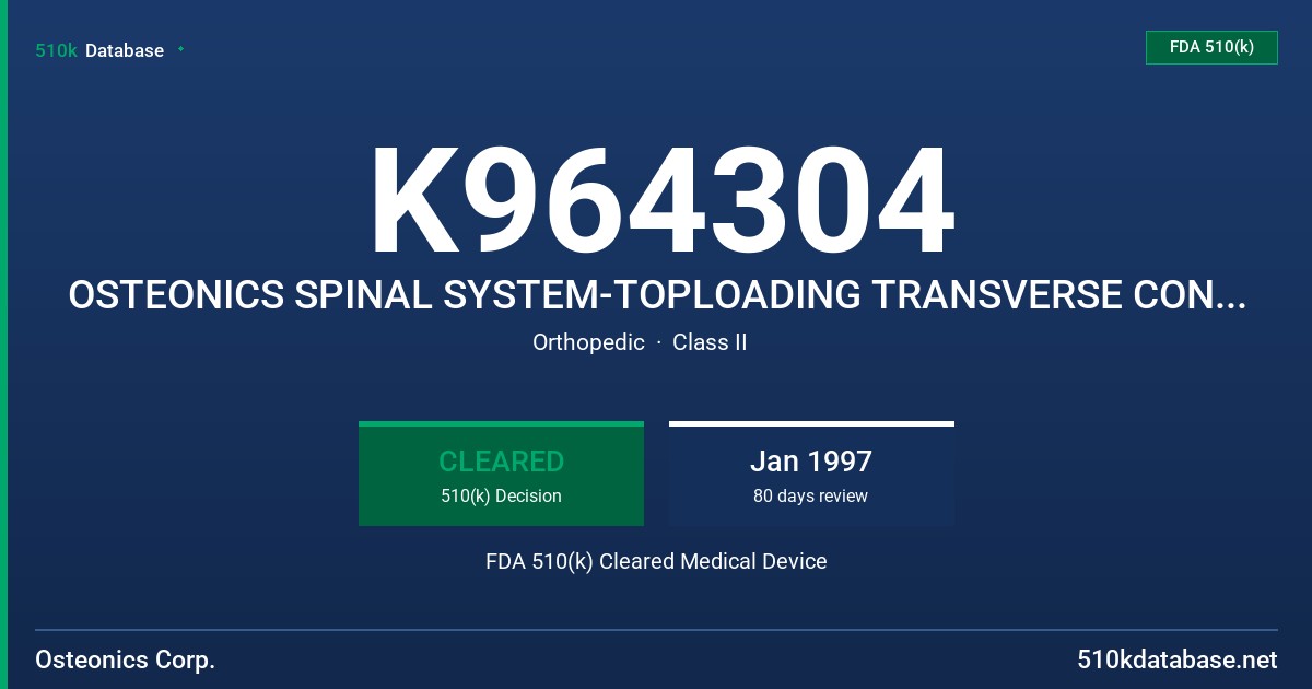 K964304 OSTEONICS SPINAL SYSTEM-TOPLOADING TRANSVERSE CONNECTOR ASSEMBLY FDA 510(k) Cleared Medical Device