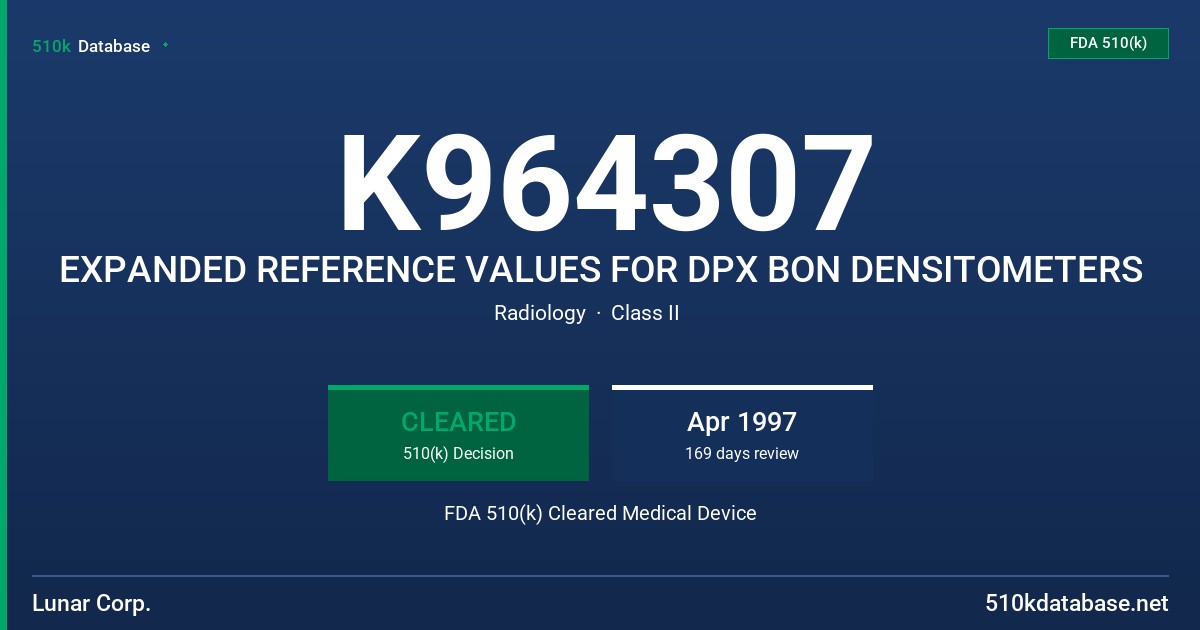 K964307 EXPANDED REFERENCE VALUES FOR DPX BON DENSITOMETERS FDA 510(k) Cleared Medical Device
