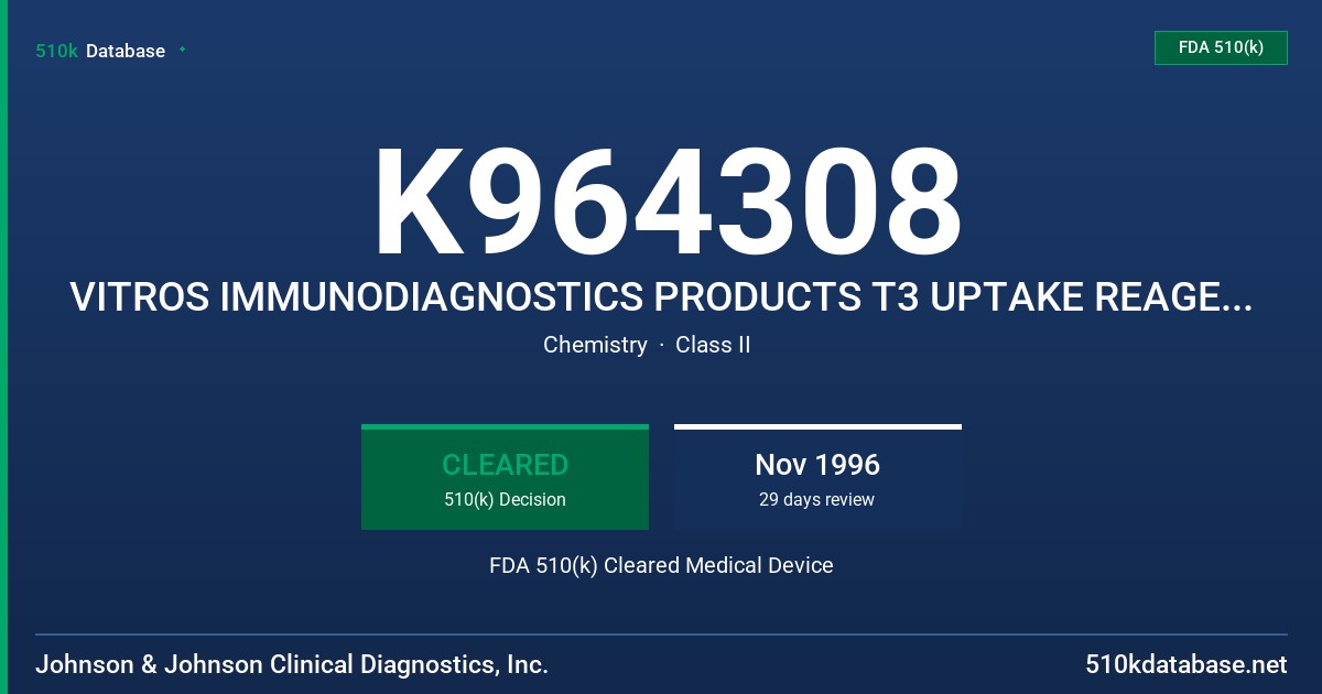 K964308 VITROS IMMUNODIAGNOSTICS PRODUCTS T3 UPTAKE REAGENT PACK (GEM.1025) AND T3 UPTAKE CALIBRATORS (GEM.C025) FDA 510(k) Cleared Medical Device