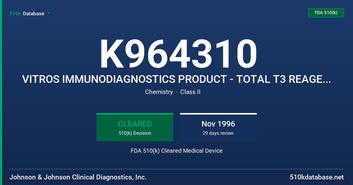 K964310 VITROS IMMUNODIAGNOSTICS PRODUCT - TOTAL T3 REAGENT PACK (GEM .101) AND TOTAL CALIIBRATION (GEM.C010) FDA 510(k) Cleared Medical Device