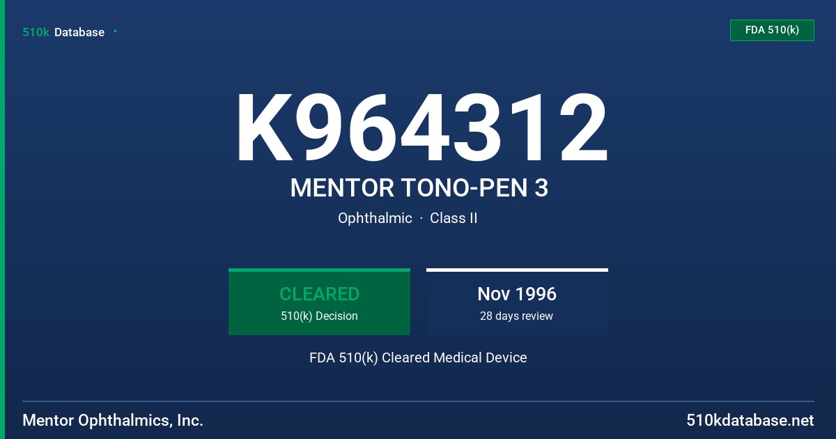 K964312 MENTOR TONO-PEN 3 FDA 510(k) Cleared Medical Device