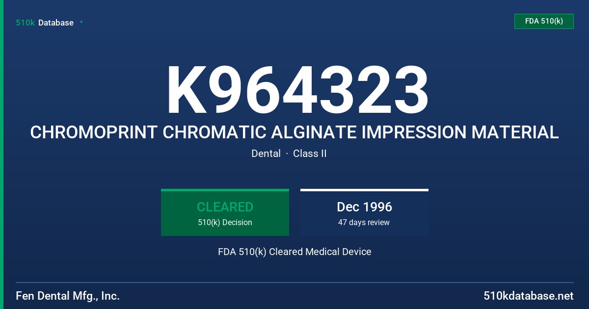 K964323 CHROMOPRINT CHROMATIC ALGINATE IMPRESSION MATERIAL FDA 510(k) Cleared Medical Device
