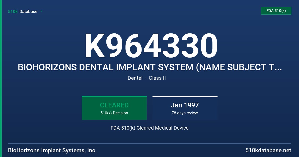 K964330 BIOHORIZONS DENTAL IMPLANT SYSTEM (NAME SUBJECT TO CHANGE) FDA 510(k) Cleared Medical Device