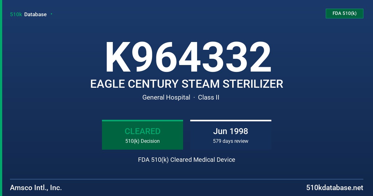 K964332 EAGLE CENTURY STEAM STERILIZER FDA 510(k) Cleared Medical Device