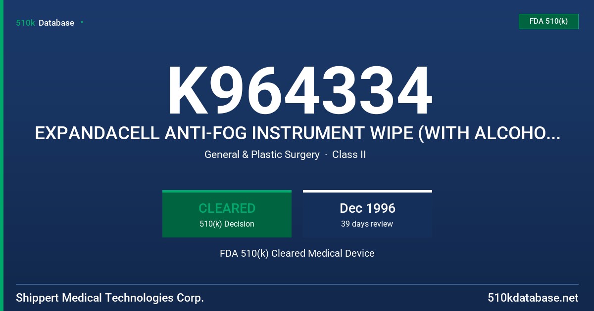 K964334 EXPANDACELL ANTI-FOG INSTRUMENT WIPE (WITH ALCOHOL)/(WITHOUT) FDA 510(k) Cleared Medical Device