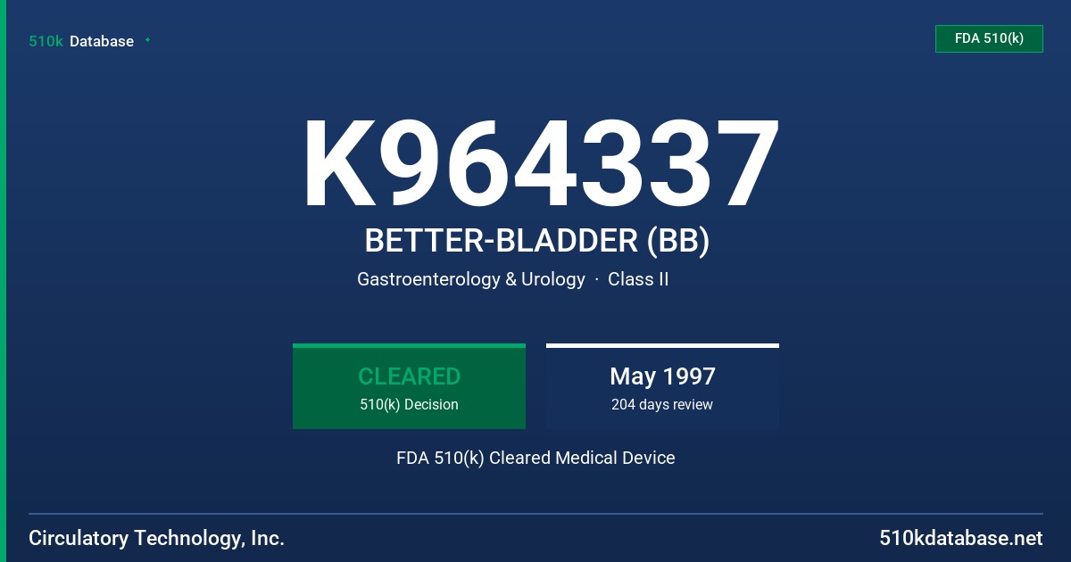K964337 BETTER-BLADDER (BB) FDA 510(k) Cleared Medical Device