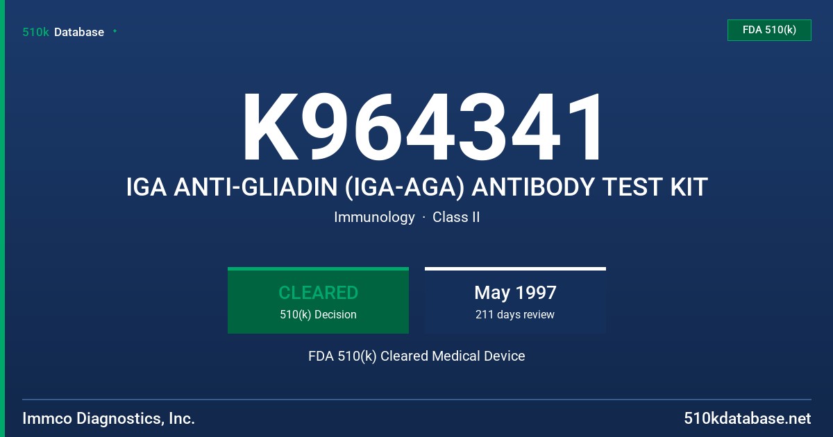 K964341 IGA ANTI-GLIADIN (IGA-AGA) ANTIBODY TEST KIT FDA 510(k) Cleared Medical Device