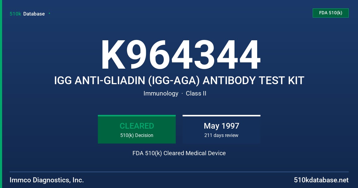 K964344 IGG ANTI-GLIADIN (IGG-AGA) ANTIBODY TEST KIT FDA 510(k) Cleared Medical Device