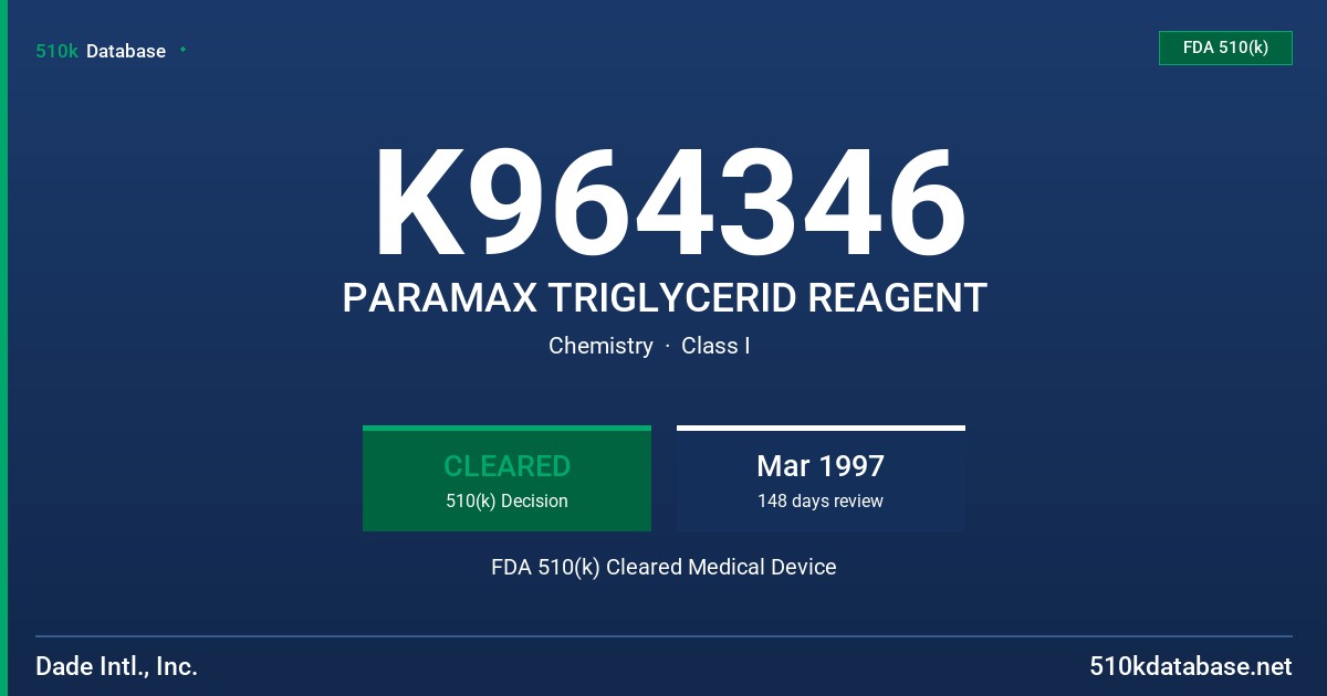 K964346 PARAMAX TRIGLYCERID REAGENT FDA 510(k) Cleared Medical Device