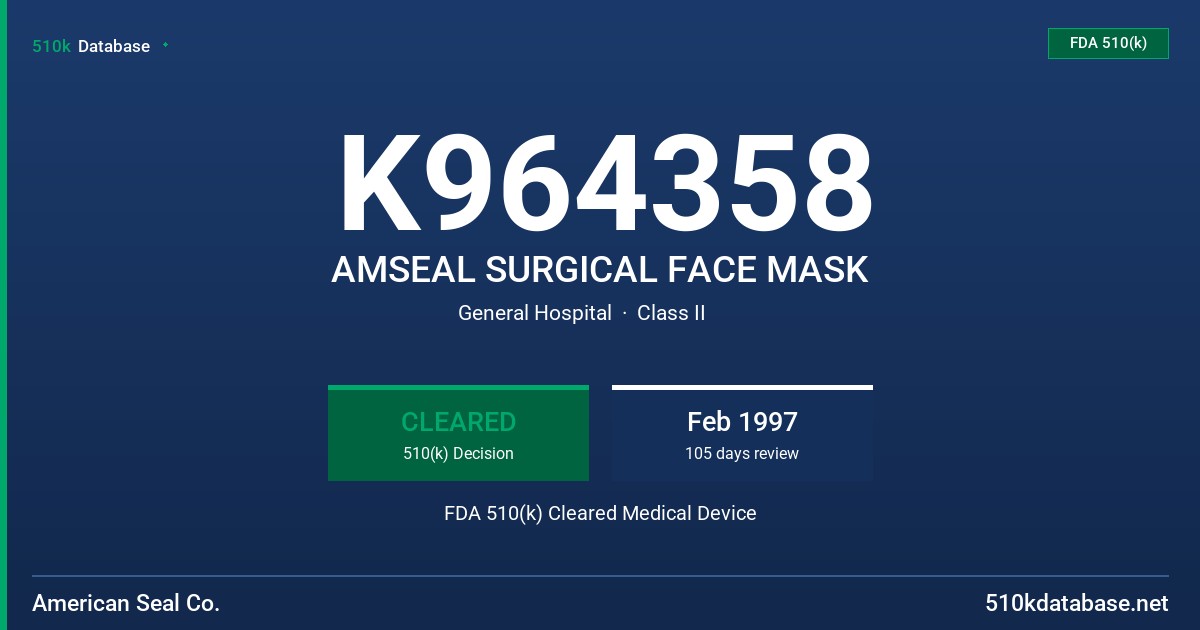 K964358 AMSEAL SURGICAL FACE MASK FDA 510(k) Cleared Medical Device