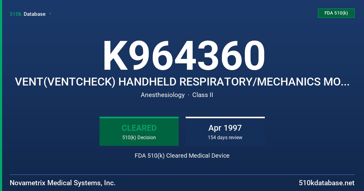 K964360 VENT(VENTCHECK) HANDHELD RESPIRATORY/MECHANICS MONITOR MODEL 101 FDA 510(k) Cleared Medical Device