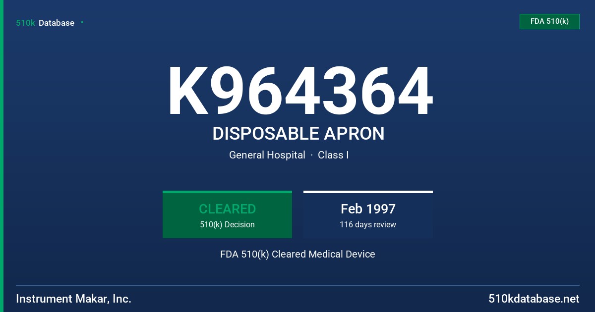 K964364 DISPOSABLE APRON FDA 510(k) Cleared Medical Device