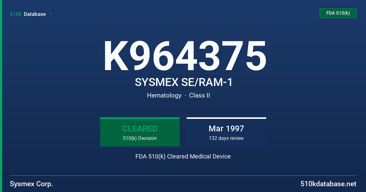 K964375 SYSMEX SE/RAM-1 FDA 510(k) Cleared Medical Device