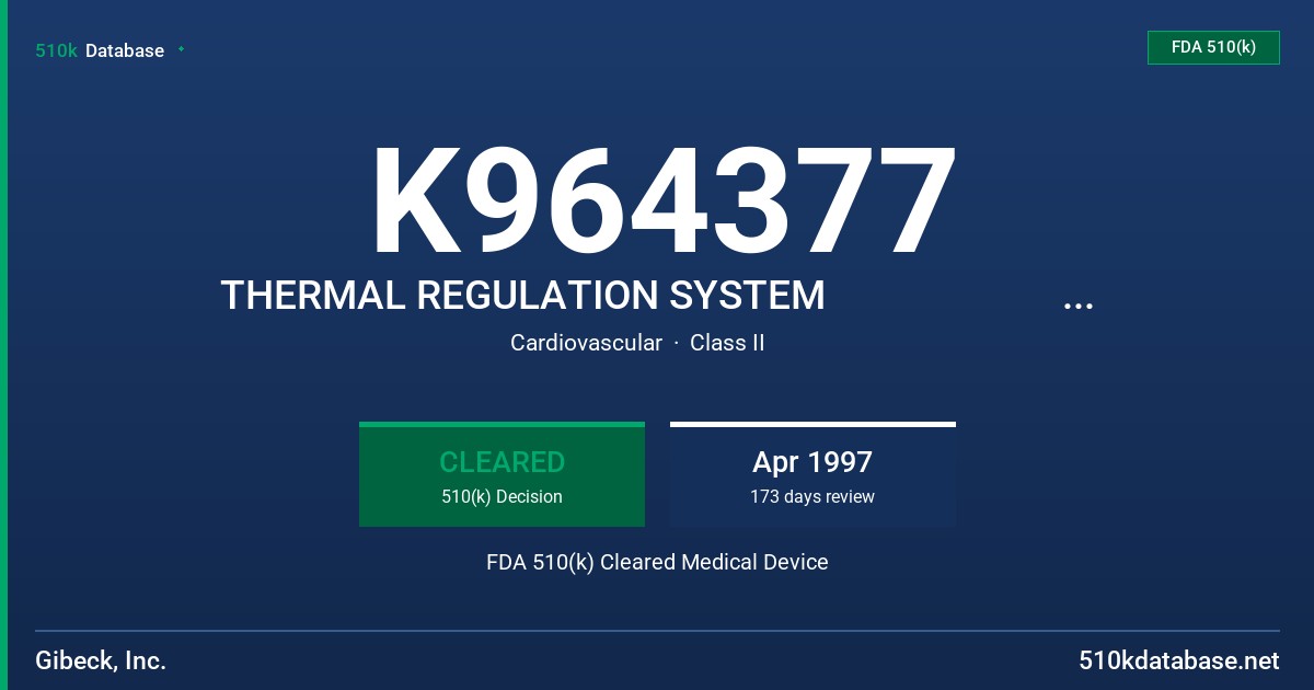 K964377 THERMAL REGULATION SYSTEM                                       BLANKET FDA 510(k) Cleared Medical Device
