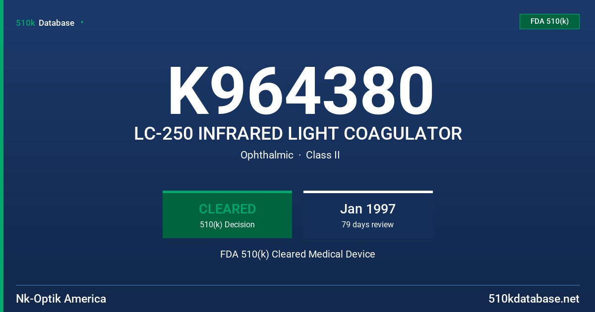 K964380 LC-250 INFRARED LIGHT COAGULATOR FDA 510(k) Cleared Medical Device