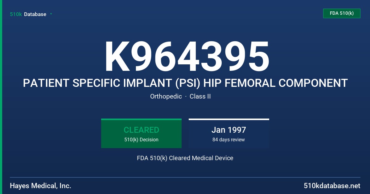 K964395 PATIENT SPECIFIC IMPLANT (PSI) HIP FEMORAL COMPONENT FDA 510(k) Cleared Medical Device