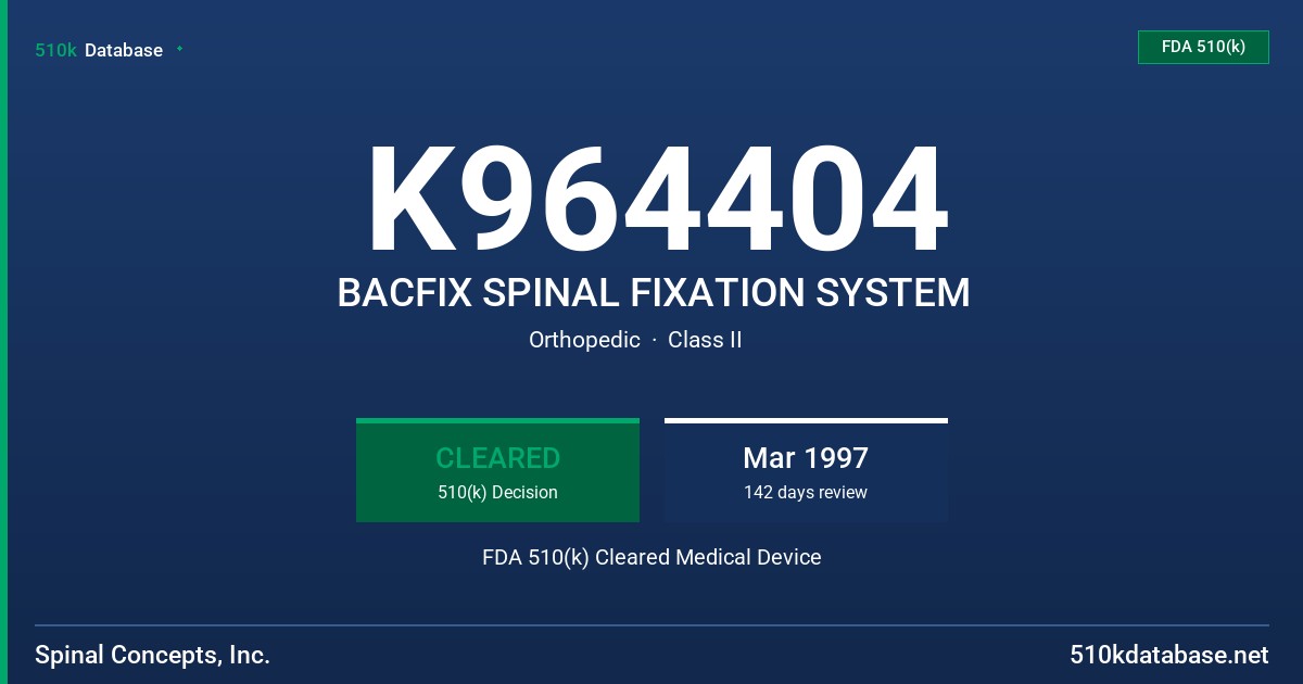 K964404 BACFIX SPINAL FIXATION SYSTEM FDA 510(k) Cleared Medical Device