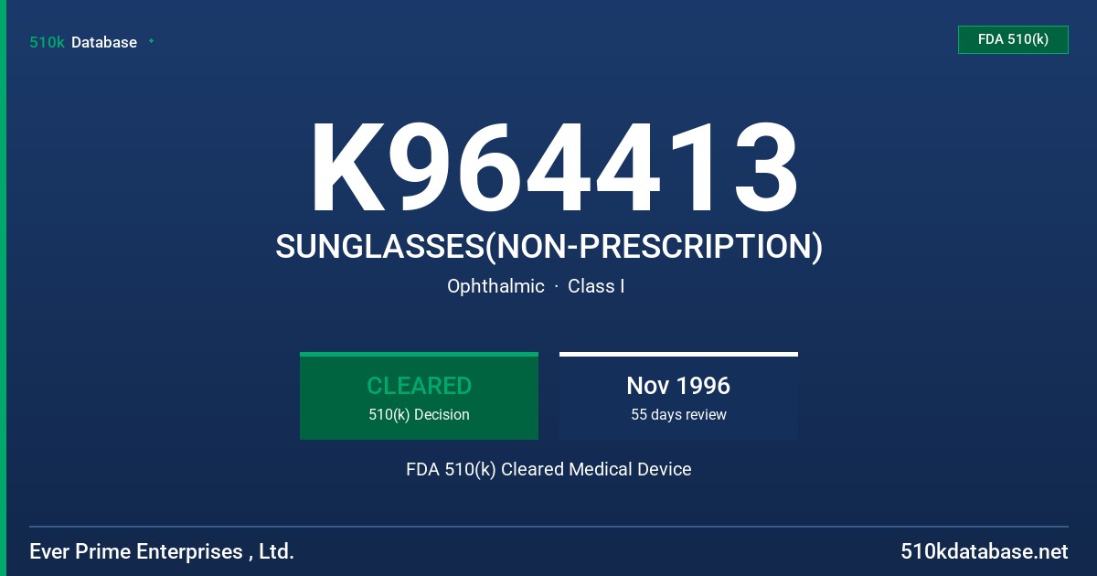 K964413 SUNGLASSES(NON-PRESCRIPTION) FDA 510(k) Cleared Medical Device