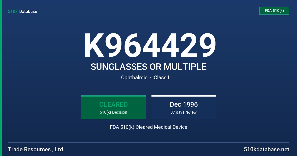 K964429 SUNGLASSES OR MULTIPLE FDA 510(k) Cleared Medical Device