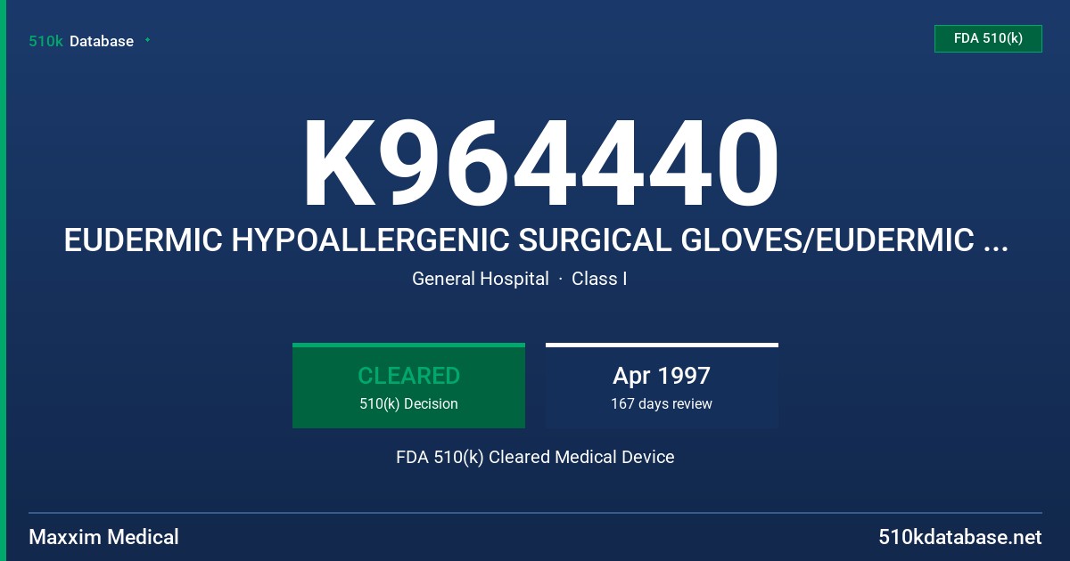 K964440 EUDERMIC HYPOALLERGENIC SURGICAL GLOVES/EUDERMIC SURGICAL GLOVES (VARIOUS) FDA 510(k) Cleared Medical Device