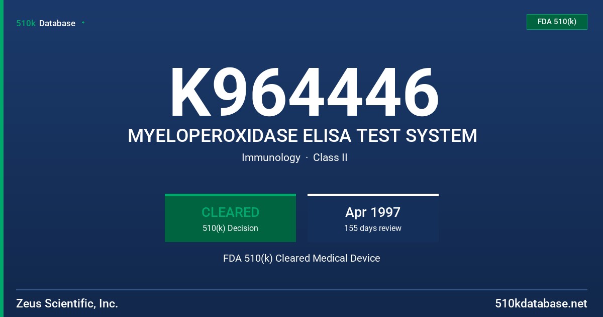 K964446 MYELOPEROXIDASE ELISA TEST SYSTEM FDA 510(k) Cleared Medical Device