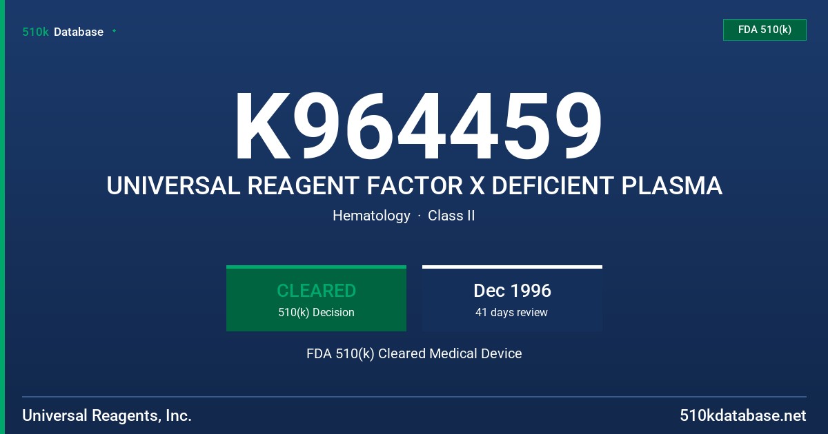 K964459 UNIVERSAL REAGENT FACTOR X DEFICIENT PLASMA FDA 510(k) Cleared Medical Device