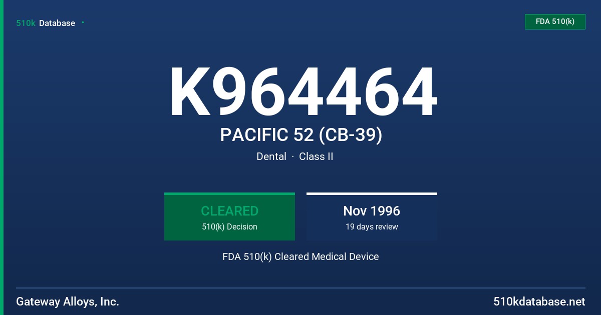 K964464 PACIFIC 52 (CB-39) FDA 510(k) Cleared Medical Device