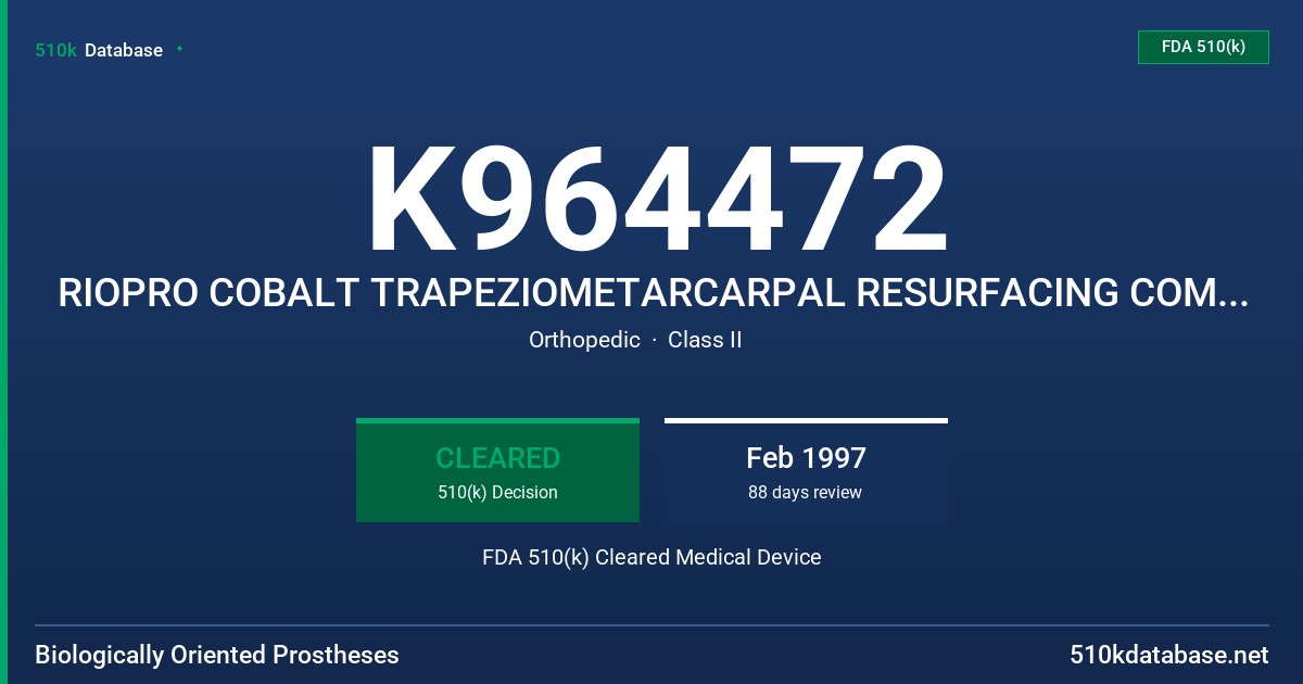 K964472 RIOPRO COBALT TRAPEZIOMETARCARPAL RESURFACING COMPONENT FDA 510(k) Cleared Medical Device