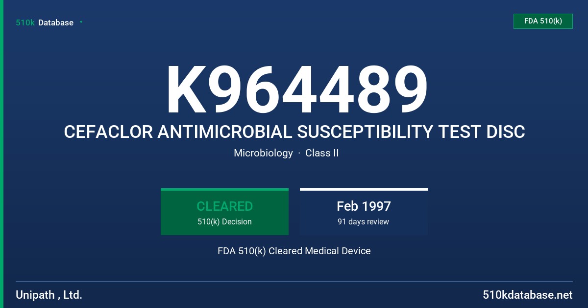 K964489 CEFACLOR ANTIMICROBIAL SUSCEPTIBILITY TEST DISC FDA 510(k) Cleared Medical Device