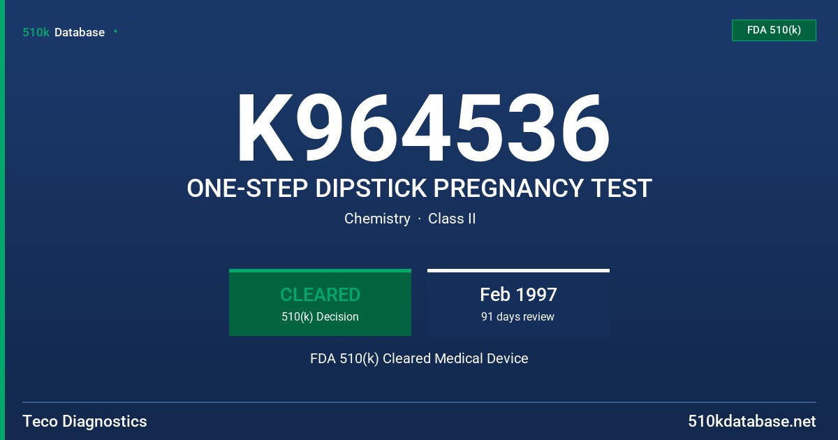 K964536 ONE-STEP DIPSTICK PREGNANCY TEST FDA 510(k) Cleared Medical Device