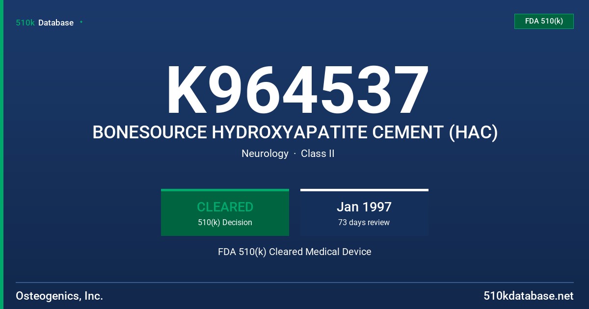 K964537 BONESOURCE HYDROXYAPATITE CEMENT (HAC) FDA 510(k) Cleared Medical Device