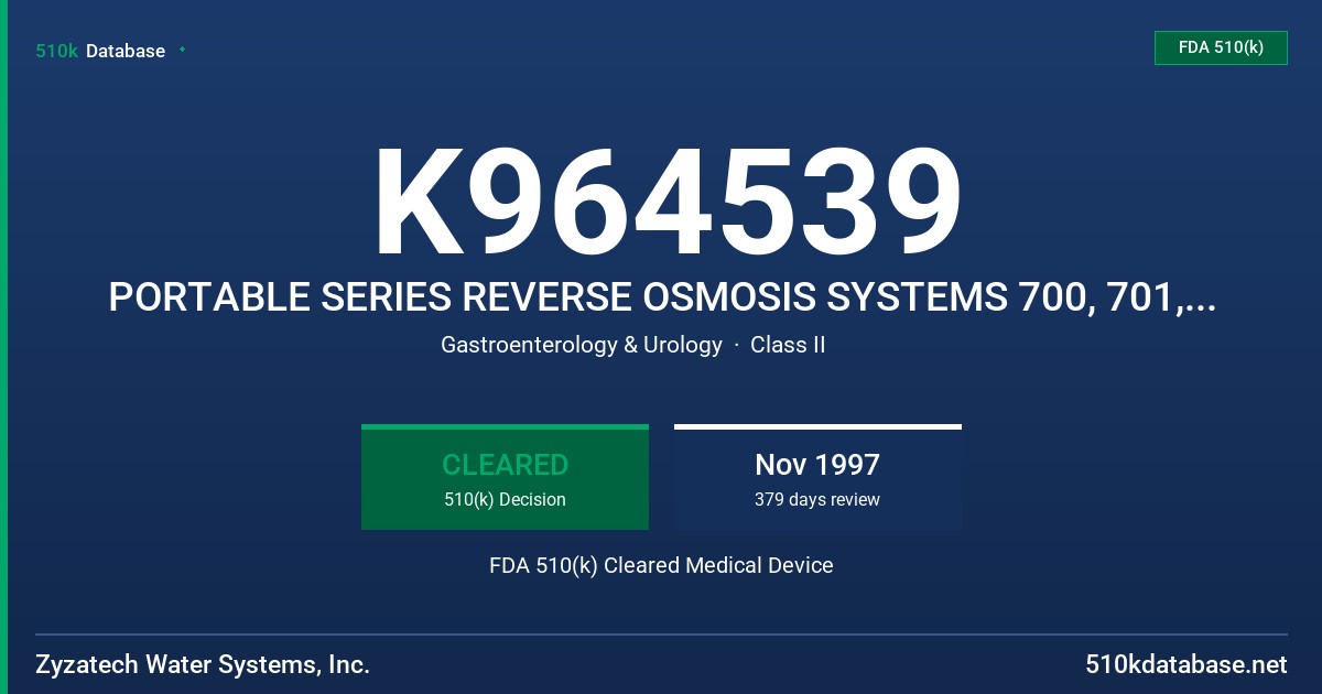 K964539 PORTABLE SERIES REVERSE OSMOSIS SYSTEMS 700, 701, 702, 703, 704, 750, MRE-NF, F800-F802, RO SECURA, REVERSE OSMOSIS SYST FDA 510(k) Cleared Medical Device