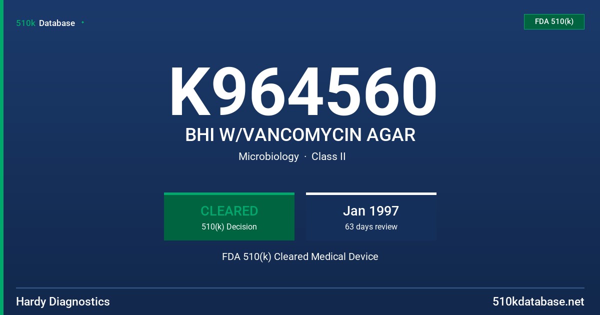 K964560 BHI W/VANCOMYCIN AGAR FDA 510(k) Cleared Medical Device