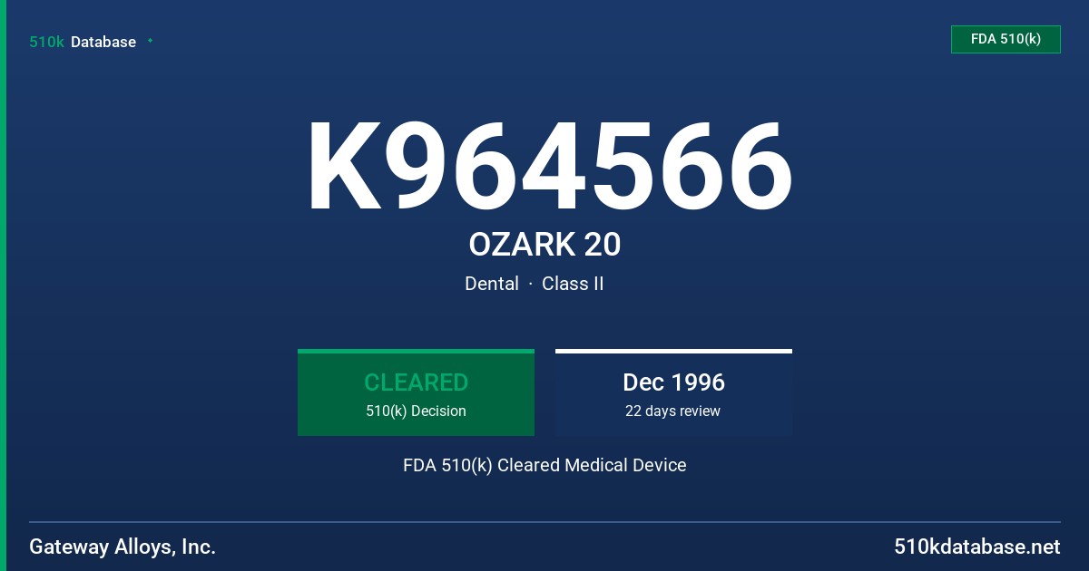 K964566 OZARK 20 FDA 510(k) Cleared Medical Device