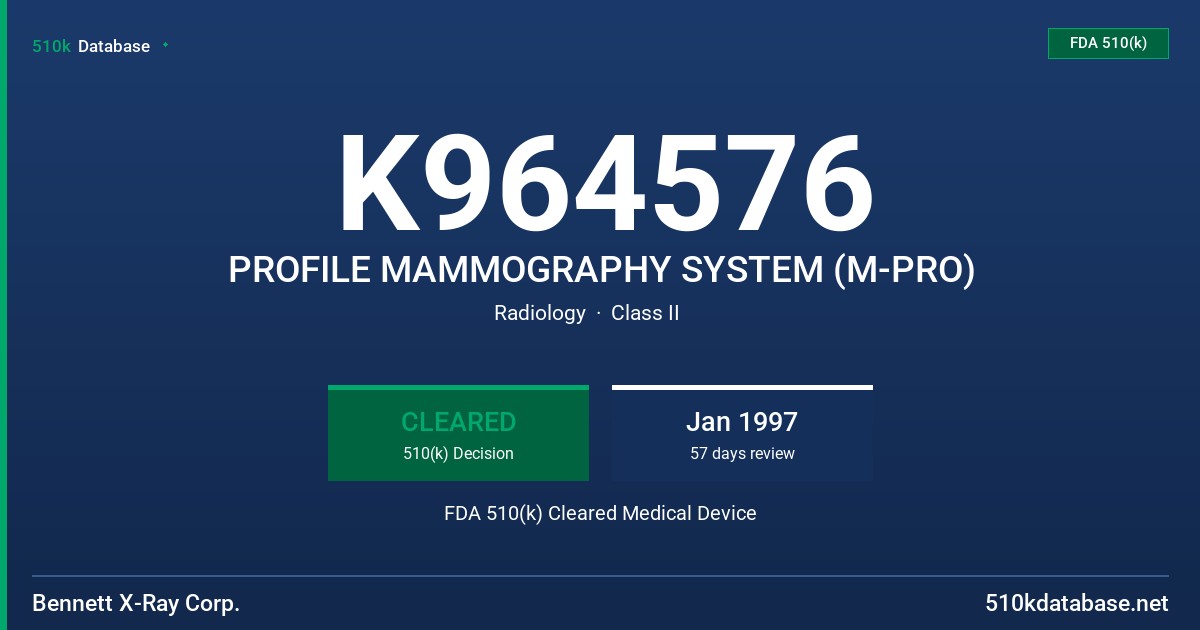 K964576 PROFILE MAMMOGRAPHY SYSTEM (M-PRO) FDA 510(k) Cleared Medical Device